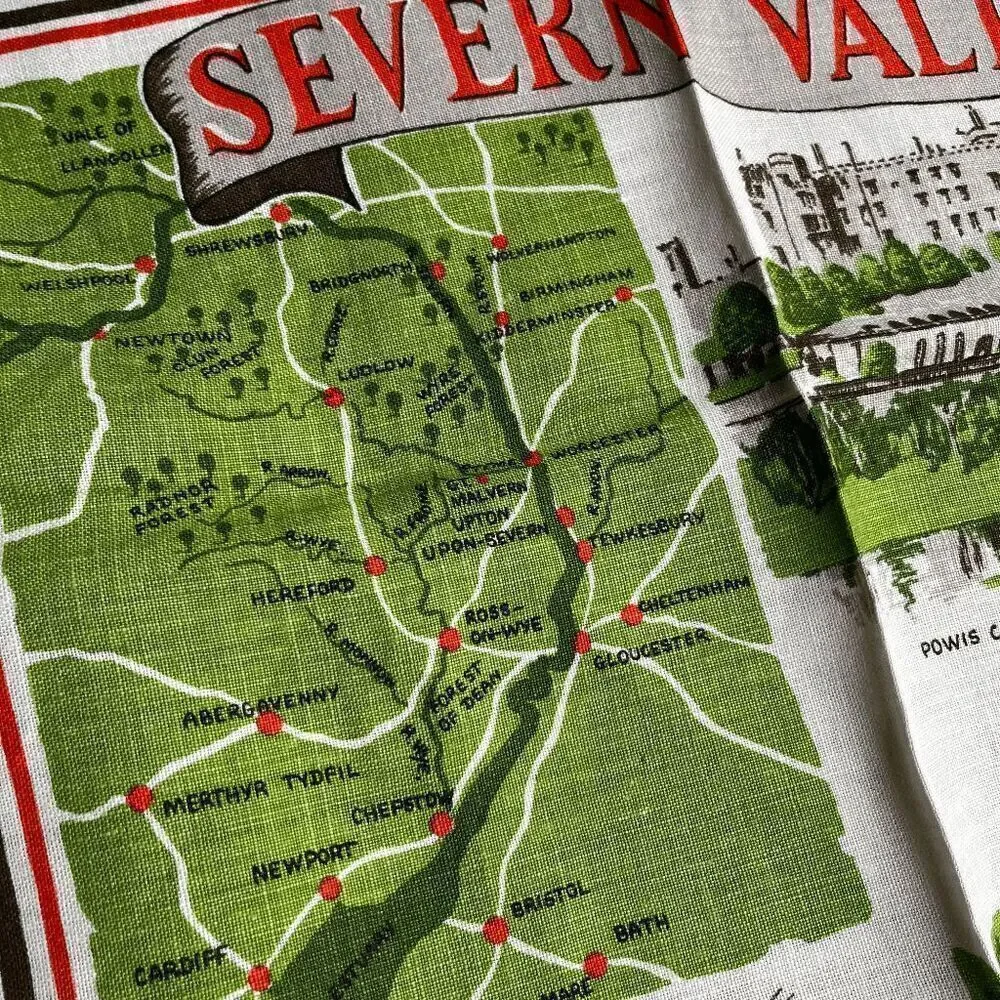 VTG Ulster Linen Tea Towel Severn Valley Map & Landmarks England 20x30
